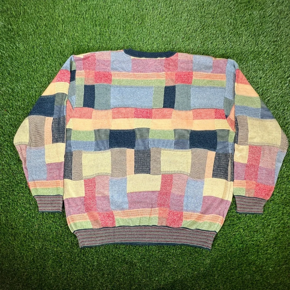 Vintage Patchwork 3D Knit Sweater Men's XL Colorful Pattern Preppy Retro 90's - Picture 3 of 5